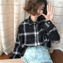 Shirt Women's Hong Kong Style Fresh Plaid Shirt Top Women's Coat Spring and Autumn Long Sleeved Loose Shirt S juoda