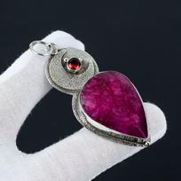 Ruby And Red Garnet Gemstone Pendant, 925 Sterling Silver Pendant, Handcrafted Statement Necklace, Boho Jewelry, July Birthstone For Gifts 2.55` rožinė