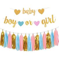 Gender Reveal Party Decorations Boy Or Girl Banner Tassel Baby Shower Arrangement 1 beige