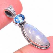 Natural Rainbow Moonstone,Blue Topaz 925 Solid Sterling Silver Pendant 1.4  G1l69