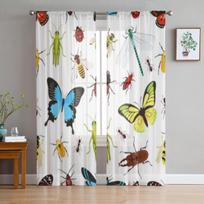 Insects Colored Grasshopper Wasp Butterfly Bay Window Screening Curtains Voile Organza Drape Sheer Tulle for Living Room Bedroom 135W x 114H(cm)