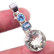 Natural Green Amethyst,Blue Topaz Gemstone 925 Solid Silver Pendant 1.75'' P4w05