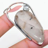 Natural Black Rutile, White Topaz 925 Sterling Silver Gift Pendant 2.56  g2q32