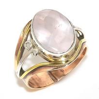 Natural Rose Quartz Gemstone Two Tone 925 Sterling Silver Gift Ring S.9.5 L3N28 beige