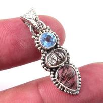 Natural Black Rutile, Blue Topaz 925 Solid Sterling Silver Pendant 1.25'' N8s00