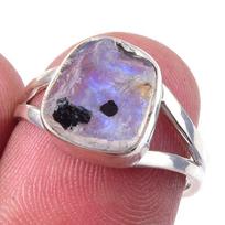 Natural Rainbow Moon Stone Gemstone Handmade 925 Sterling Silver Ring S.6 K8Q69 gray