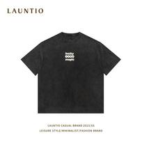 Japanese Casual Summer Pure Cotton Heavyweight T-shirt with Foam Letter Print Loose Short Sleeved Men XXL chaki