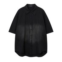 Washed Gradient Short Sleeved Shirt for Men, American Street Distressed Design, Niche Summer Lapel Cardigan Shirt XXL juoda