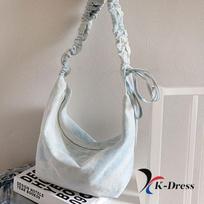 Vintažinis surauktas kaspinas Džinsinis pusmėnulio Hobo drobės krepšys per petį (1 spalva) 47x25x7cm dangaus mėlyna spalva