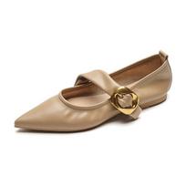 Summer Womens Soft Pointed Ballet Flats Square Buckle Comfortable Ballerinas Flat Shoes Mary Jane Woman Leather Shoes 35 smėlis