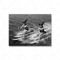 Witches Water Skiing Poster and Print Vintage Beach Black and White Wall Art Picture Halloween Canvas Painting Home Wall Decor 21x30cm No Framed