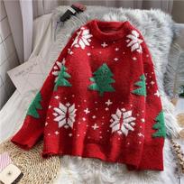 Women's Red Christmas Jumper Lazy Style Loose Outer Wear Autumn and Winter Knitted Jumper Jacket Soft and Comfortable Thickened Tops One Size raudona
