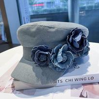 Denim Beret with Floral Embellishment, Handcrafted Stripe Detail, Lightweight Flat Top Sunshade Cap for Women M(56-58cm)