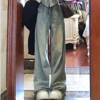 Women Retro High Waist Loose Flare Jeans Lady Designer Baggy Wide Leg Pants Korean Version Raw Edge Denim Blue Trousers XL šviesiai mėlyna spalva