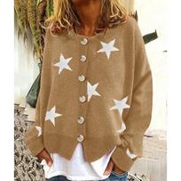 Autumn and Winter Knitted Cardigan Sweater Women Coat Long Sleeve Elegant Cardigans Jacket Female Vintage Stars Print Single Breasted Sweaters 24634 S chaki