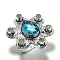Blue Topaz, Prehnite Gemstone Handmade 925 Sterling Silver Ring Size 10 m0l35