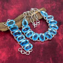 Blue Topaz Jewelry, Handmade 925 Solid Sterling Silver Bracelet & Necklace, Gorgeous Topaz Jewelry Set For Any Occasion Adjustable With 8"-18" mėlyna