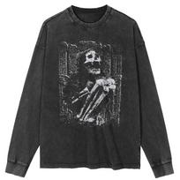 Streetwear Skeleton Graphic Washed Black T-Shirt Cotton Unisex Tops Tees Plus Size Long T Shirt S juoda