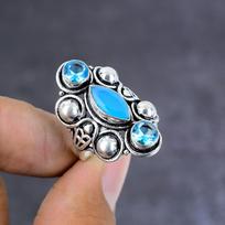 Natural Aquamarine,Topaz Gemstone Handmade 925 Sterling Silver Ring S.8 i5G00