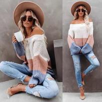 Autumn and Winter Striped Loose Knitted Pullover Sweater Women Off Shoulder Sexy Casual Sweaters Female Elegant Round Neck Lady Knitwear Tops 24755 One Size balta