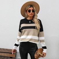 Autumn Fashion Round Neck Striped Women Knitted Sweater Winter Long Sleeve Loose Pullover Sweaters Women Elegant Simple Vintage Ladies Knitwear 24767 S