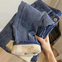 Fashion Baggy Warm Denim Trousers Plus Velvet High Waist Wide Leg Pants Casual Loose Thicken Winter Jeans for Women Streetwear L mėlyna