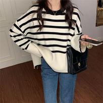 Lazy style Korean striped knitted sweater loose pullover sweater autumn and winter new women's top one size balta