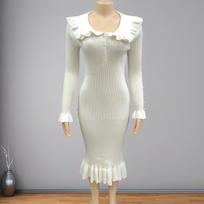 Women Fashion  Knitted Retro Elegant Ruffled Dress Slim Ruffle Edge Long Dress Gown Slim Knitwear Women  Robes XL balta