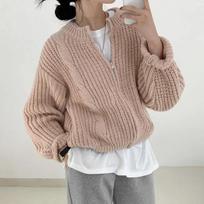 Vintage Round Collar Casual Loose Long Sleeve Knitted Cardigans Korean Chic Autumn And Winter Zipper Pit Strip Sweater 23703 One Size rožinė