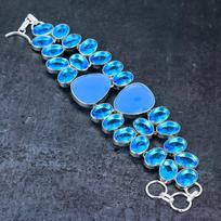 Natural Aqua Chalcedony, Topaz Gemstone 925 Sterling Silver Bracelet 7-8  a9Y98