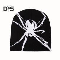 Unisex Helovino kepurė voras su aplikacijomis megzta tamprus kupolas ausų apsauga hip-hop gatvės stiliaus Helovino vakarėlio klubo kepuraitė suaugusiems žieminė beanie juoda