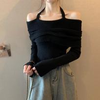 Autumn and Winter Sexy Slash Shoulder Women's Sweaters Long Sleeve Halter Slim Fit Knitted Sweater Tops Ladies Off Shoulder Pullover Knitwears 24952 One Size juoda