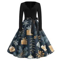 Christmas Print Flare Dress For Women Long Sleeve Dress Hollow Party Casual Dresses XL tamsiai mėlyna