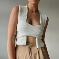 Fashion Street Sleeveless Knitted Sweater Tops Women Autumn New Slim Cross Tie Sexy Sweaters Ladies Chic Vintage Hollow Pullover Knitwear Female 25105 One Size balta
