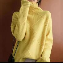 Fashion Long Sleeve Solid Pullover Turtleneck Sweater Women Autumn and Winter Thick Warm Knitted Sweaters Women Casual Vintage Loose Knitwears 25145 S geltona