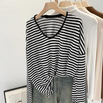 Lazy Style Striped Round Neck Sun Protection Long Sleeve T-Shirt Women's Thin Oversize Loose Slim Blouse Top M