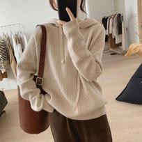 GMXIA lazy wind hooded jumper women's autumn and winter new solid colour casual outerwear knitted sweater tops One size abrikosas