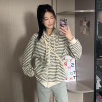 Korean Style Lazy Style Casual Contrast Striped Long-sleeved Sweatshirt Cardigan for Women Autumn Loose Slim Hooded Jacket Top M