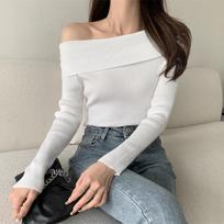 Autumn New Off Shoulder Sexy Knitted Sweater Women Long Sleeve Slim Fit Chic Base Women's Sweater Elegant Casual Ladies Knitwear Winter Clothing 25247 One Size balta