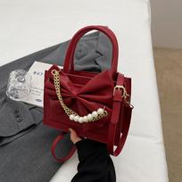 Design Sense Bow Chain Tote Bag Women  New Fashion Pearl Wedding Bag Popular Wine Red Crossbody Bag Casual Small Square Bag brown