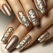 24pcs Elegant Ballerina Press-On Nails Set - Long, Glossy Coffee Brown with Golden Floral Accents, Includes Jelly Adhesive & Nail File brown