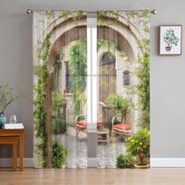Sodo Italijos Arkos Architektūrinės Gėlės Gatvės Tiulio Užuolaidos Svetainei Šifono Plonos Voile Virtuvės Miegamojo Užuolaida 1 PCS W100XH250cm&Grommet Top gray