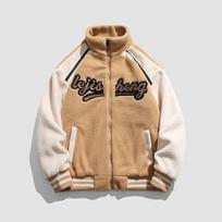 New Lamb Velvet Baseball Uniform Jacket for Men In Autumn and Winter American Fashion Brand Loose Casual Stand Collar Cotton Jacket Casual 3XL black