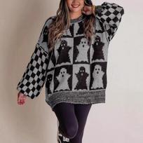 Fashion Vintage Halloween Loose Pullovers Women Sweaters Autumn Winter Long Sleeve O Neck Plus Size Sweater Woman Elegant Print Casual Jumpers 25367 S tamsiai pilka spalva