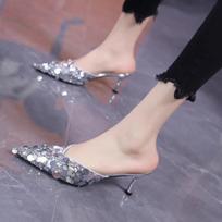 Fashion Nude Lace Pointy Wrap Toe Kitten Heels Slippers Women Clear Mesh Inlaid Rhinestone Slippers Summer Sexy Party Shoes Woman Mules 35 sidabras