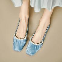 Fashion Temperament Square Head Low-heeled Ballet Shoes for Women Retro Pearl Decoration Slip-On Soft-soled Ladies Flat Loafers 35 mėlyna