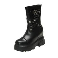 Madingi 9CM Stori Kulniukai Motociklininkų Batai Aukšta Platforma Pavasario Rudens Odiniai Kedai Moteriški Žieminiai Ankle Boots Kniedyti Trumpi Punk Batai 34 juoda