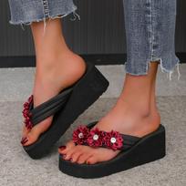 Fashion Shoes Female 2024 High Quality Flip Flops Women's Slippers Fashion Floral Beach Slippers Women New Crystal Wedge Slipperszapatos 41 juoda