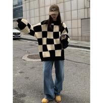 Autumn and Winter New Checkerboard Sweater Women Lazy Style Senior Design Sense of Small Sweater Soft Waxy Outside To Wear One size