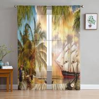 Tropical Arbor Pirate Ship Plank Tulle Window Curtains Living Room Organza Sheer Voile Curtain Bedroom Kitchen Home Decor Drape W135 x H115cm x1&Rod Pocket